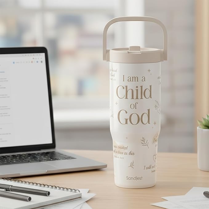 SANDJEST Christian Stainless Steel Straw Lid Tumbler 30oz with Carry Handle for Women Girls, Child of God Insulated Travel Coffee Cup, Gift for Sports Outdoor Workout Christmas Birthday - Bloomnest