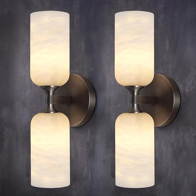 14in Modern Spanish Natural Marble Bathroom Vanity Sconces, Alabaster Wall Sconces Set of Two, Black Alabaster Sconce Wall Lighting, Black Wall Light Fixtures Decor - Bloomnest
