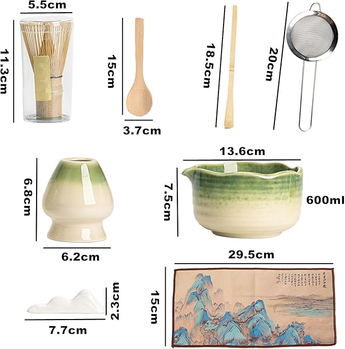 Matcha Set 7-Piece Tea Set with Brush, Bowl, Whisk, Strainer, Chasen, for Matcha Tea Ceremony （Gradient Green） - Bloomnest