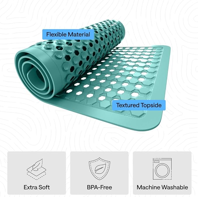 GORILLA GRIP Patented Bath Tub Shower Mat, Machine Washable Bathtub Floor Liner Mats, Suction Cups and Drain Holes to Keep Tubs Clean, Soft on Feet, Bathroom Essentials, 35x16 Inch, Turquoise Opaque - Bloomnest