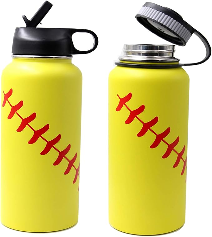 32 oz Softball Water Bottle, Wide Mouth Sports Flask Metal Travel Tumbler with 2 Lids, Stainless Steel Double Wall Vacuum Insulated Leak Proof Thermo Water Bottles, Softball Stuff Gifts for Mom Girls - Bloomnest