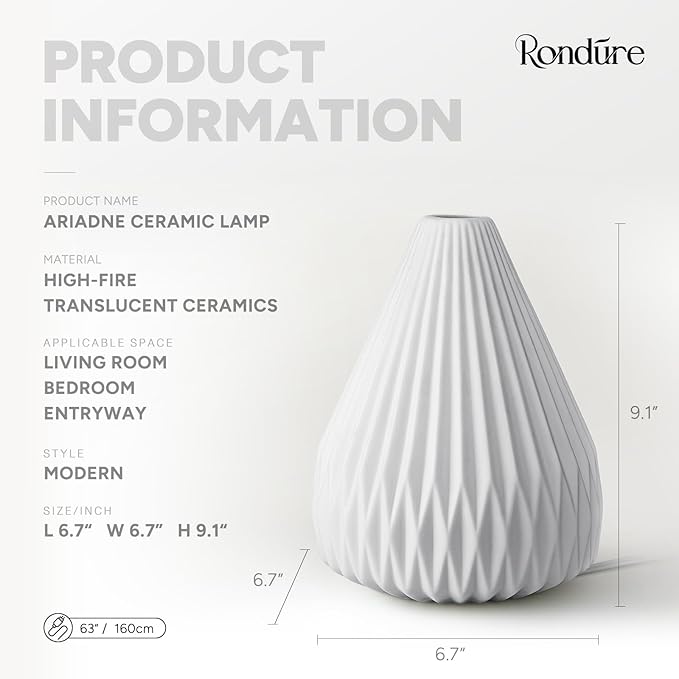 RONDURE 9.1" Modern Ceramic Table Lamp, Modern Bedside Lamps for Bedroom, Living Room and Nightstand, White Translucent Ceramic Shade, Warm Ambient Lighting, Home Decor - Bloomnest