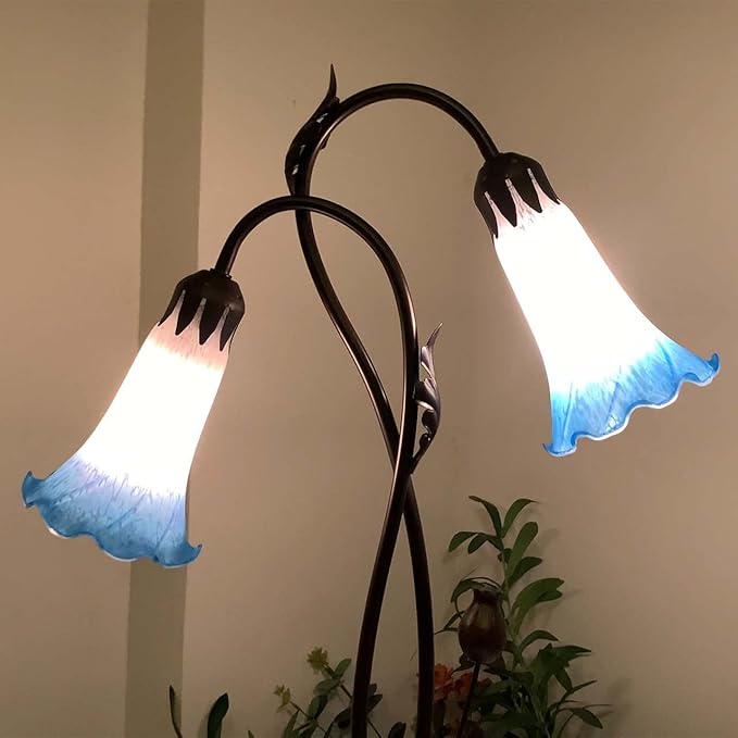 Bieye L10853 Lily Flower Blown Glass Accent Table Lamp for Living Room Bedroom Decoration (2-Light, Blue) - Bloomnest