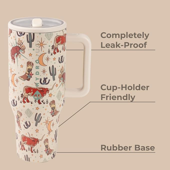 HydroJug Traveler - 40 oz Water Bottle with Handle & Flip Straw - Fits in Cup Holder, Leak Resistant Tumbler-Reusable Insulated Stainless Steel & Rubber Base - Gifts for Women & Men, Rodeo - Bloomnest