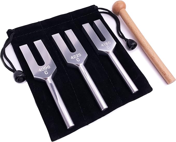 Angel Tuning Forks Set, 4096 Hz, 4160 Hz, 4225 Hz for Healing Musical Instrument, with Wood Hammer and Soft Storage Bag - Bloomnest