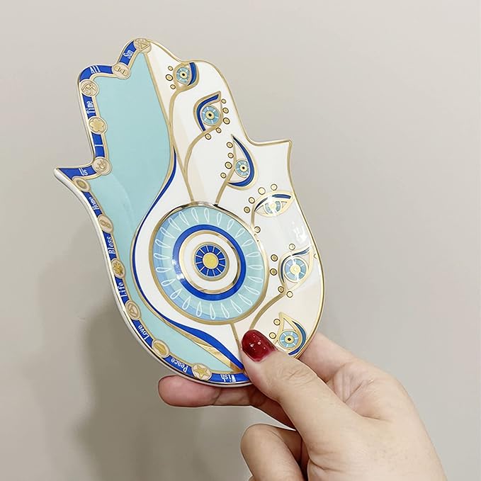 Ceramic Hamsa Hand Incense Holder - 2 in 1 Brass Incense Holder for Sticks and Coil Incense- Zen Decor with Hand of Fatima Design Protection from Evil - 6.2" L X 4.5" W (Blue) - Bloomnest