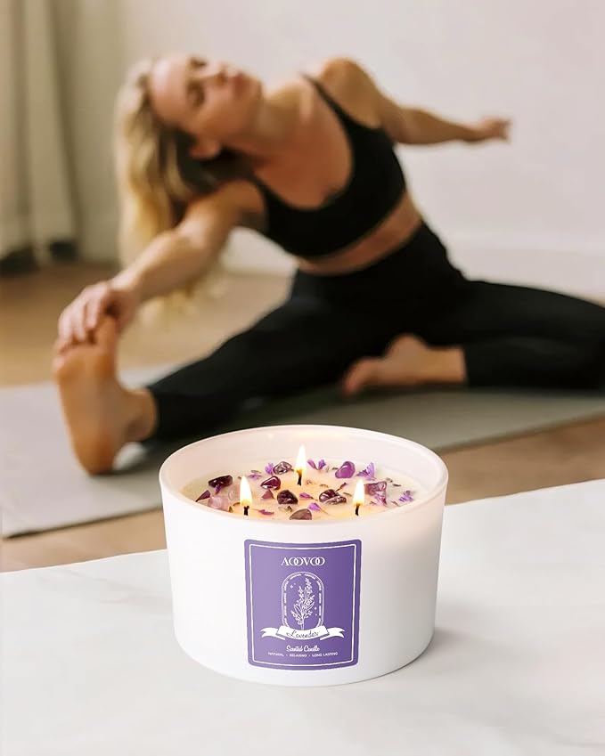 AOOVOO Lavender Scented Candles for Women - 20oz 3 Wick Soy Candles for Home Scented, Aromatherapy Candle with Crystals Inside, Birthday Gifts Christmas Candle for Women Mom - Bloomnest