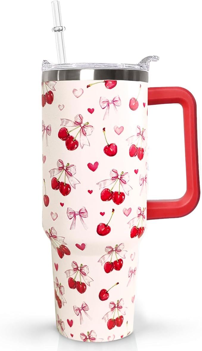 40oz Cherry Bow Coffee Mug Cup Water BottlesTumbler With Handle Lid and Straw,Cherry Decor Stuff Accessories - Bloomnest