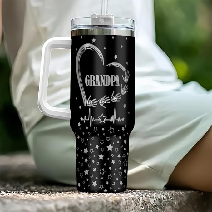 Personalized Grandpa Tumbler – Custom Name Gift With Heart, Stars & Handprints – Grandkids Signature Design – Father’s Day, Birthday, or Christmas - Bloomnest
