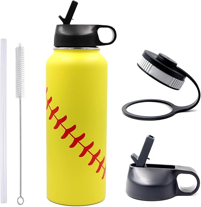 40 oz Softball Water Bottle, Wide Mouth Sports Flask Metal Travel Tumbler with 2 Lids, Stainless Steel Double Wall Vacuum Insulated Leak Proof Thermo Water Jug, Softball Stuff Gifts for Mom Girls - Bloomnest