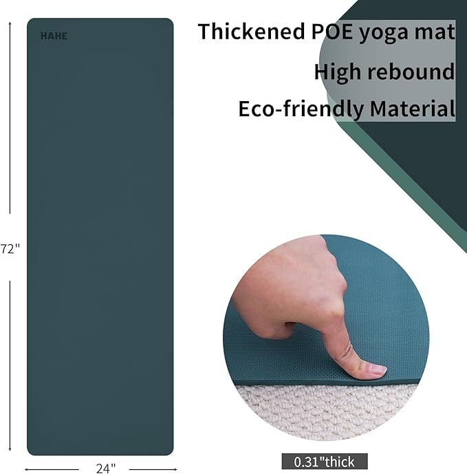 HAHE Yoga Mat Thick (8MM,1/3"), Eco-Friendly POE Non Slip Yoga Mat, High Rebound & Shock Absorption, Anti-Tear & Sweat-Resistant for Yoga, Fitness, Home, Workouts, Large Pilates Mats 72"x24" with Carrying Strap - Bloomnest