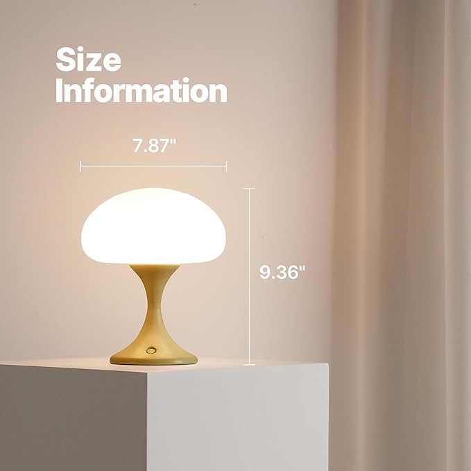 Mushroom Lamp, 5W LED Cordless Rechargeable Table Lamp with Glass Shade, Small Retro Dimmable Touch Light with 3 Color Temps, Aesthetic Mid Century Bedside Light for Bedroom Ambient, Mustard - Bloomnest