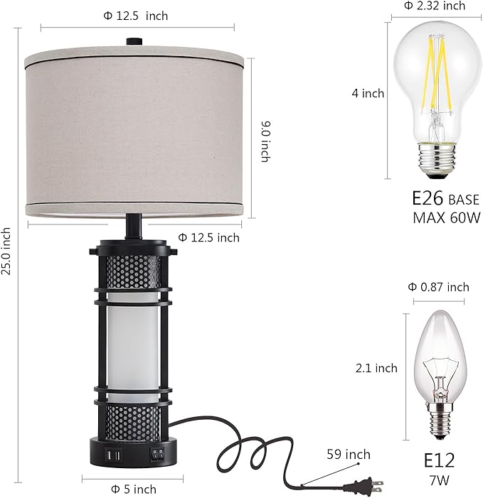Set of 2 Modern Table Lamps for Living Room, Contemporary Nightstand Lamp with Dual USB Port, Bedside Lamps with White Frosted Glass Night Light for Bedroom, 4 Bulbs Included (Black) - Bloomnest