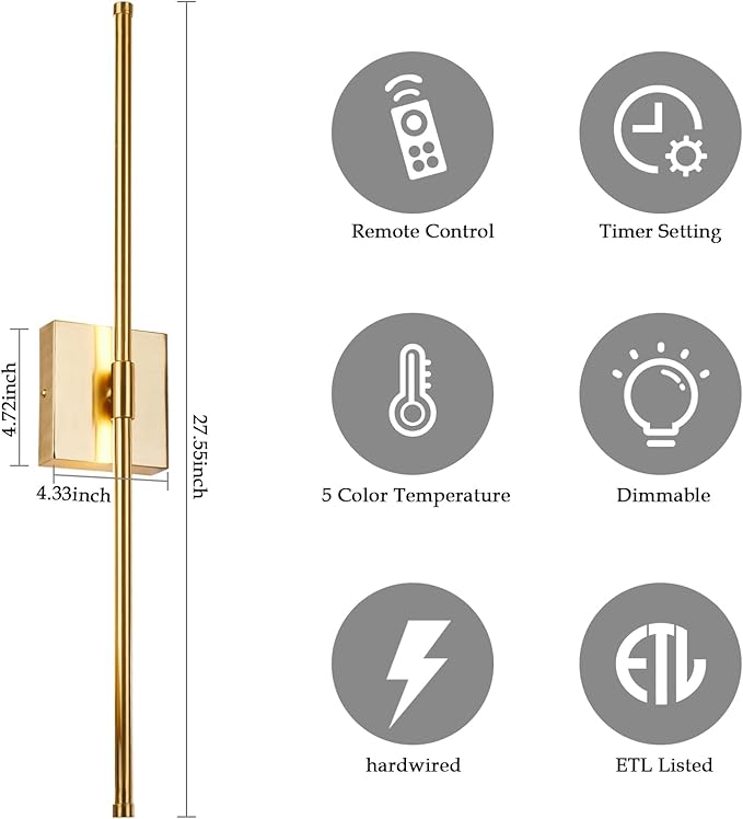 LED Wall Sconces with Remote Control, Dimmable Wall Sconces Set of 2, 5 Colors 3000K-6500K & Dimmable, Hardwire Wall Light with Timer & Night Light, LED Gold Wall Lamps for Living Room, Bedroom - Bloomnest