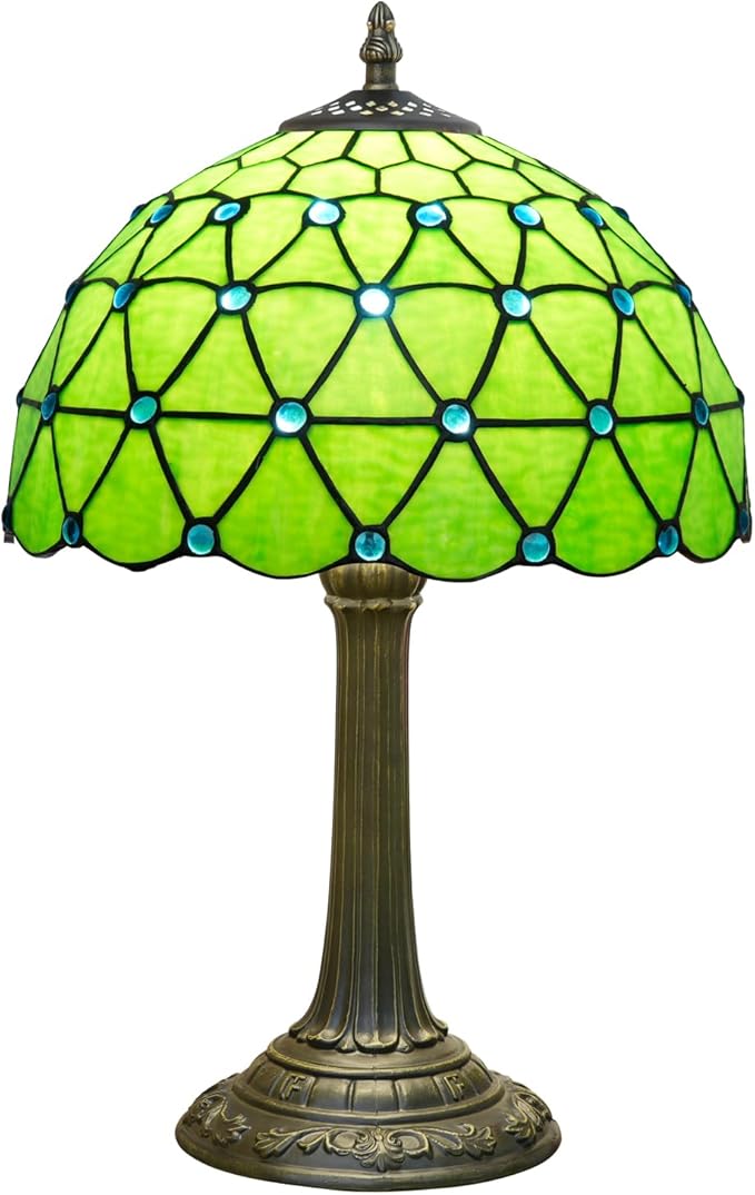 Green Tiffany Lamp For Bedrooms Bedside Stained Glass Table Lamp Farmhouse Lamps Night Stands Retro Traditional Nightstand Desk Decor Blue Beads Side Living Room End Desk Reding Lighting 12x12x19 Inch - Bloomnest