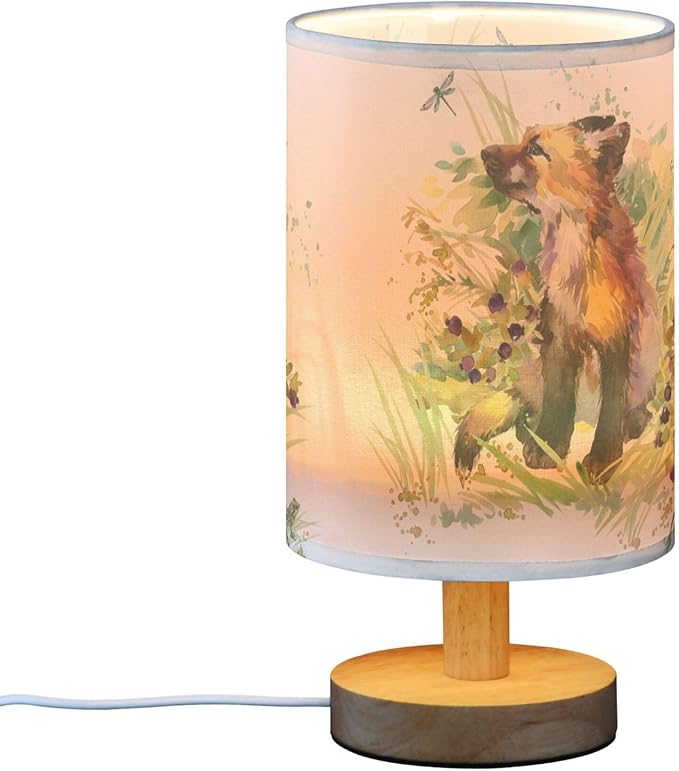 Table Lamp Fox Animal Dragonfly Frog in Floral Grass Woodland Nightstand Lamp with Wood Base Fabric Lamp Shade Bedside Desk Lamp for Living Room Bedroom Kids Room Office - Bloomnest