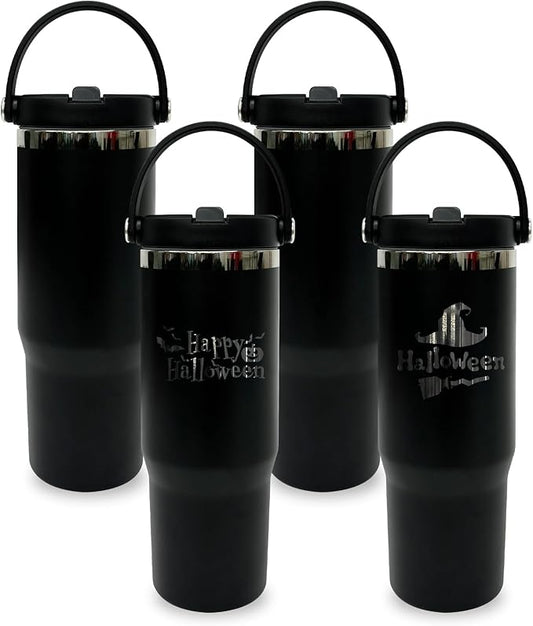 30 oz Tumbler with Handle, Double Wall Vacuum Insulated Tumblers with Flip Straw, Coffee Mug 30oz Powder Coated Cup for Hot and Cold Drinks(Black Plated, Black,4 pack)