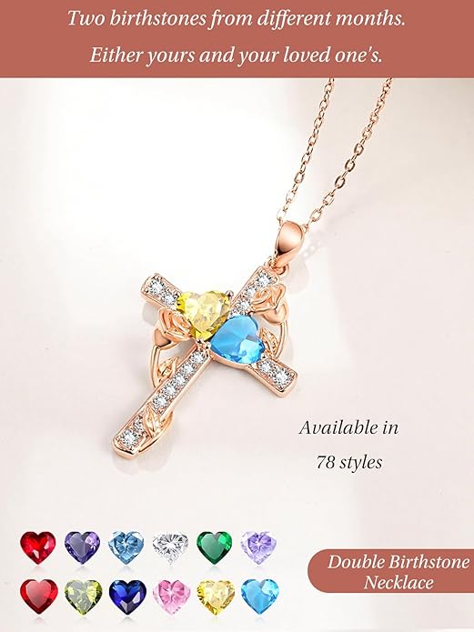 Rose Gold Dual Birthstones Cross Necklace for Women Rose Flower Jewelry Anniversary Christmas Mother's Valentine's Day Birthday Gift for Wife Girlfriend Mom - Bloomnest