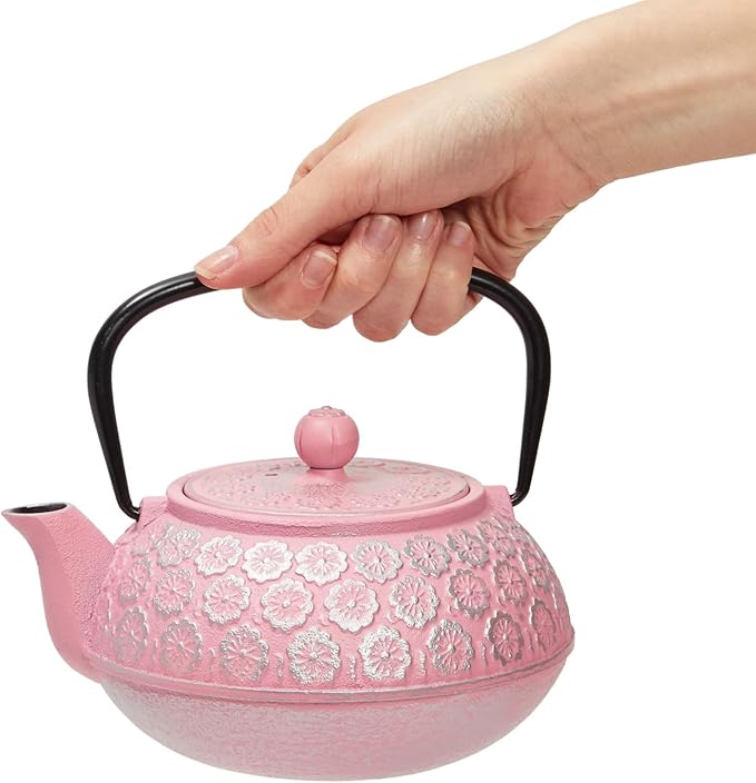 Juvale Cast Iron Tea Kettle - Stainless Steel Infuser & Loose Leaf Tea Steeper - Heat Retention in Pink Cast Iron Kettle - 34 oz