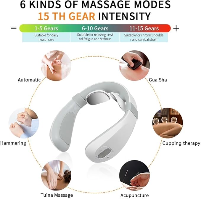 Neck Massager with Heat，Electric TENS Machine for Pain Relief，15 Levels Deep Tissue Massage, Portable Wireless and Soothing, Transcutaneous Electrical Nerve Stimulator for Women