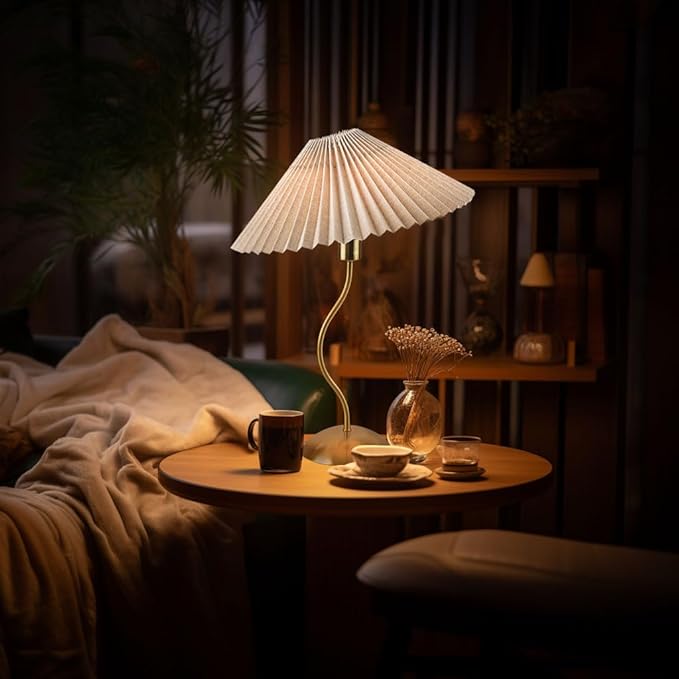 KUNJOULAM Small Pleated Table Lamp, Bedside Nightstand Lamp with Beige Lampshade, Morden Mini Lamp for Bedroom Home Office Decor, E12 Bulb Included - Bloomnest