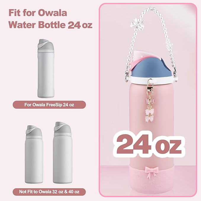 Water Bottle Accessories Set for Owala FreeSip 24oz、32 oz– Includes Pearl Handle Strap, Bow Charms,2.9in .3inch Silicone Bling Boot for Owala Accessories for Women Bloomnest
