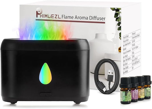 Flame Diffuser for Essential Oils, 200ml Ultrasonic Aroma Diffusers with Cool Mist, Aromatherapy Diffuser with Auto-Off Protection, Small Humidifier for Home,Office,Gift,B(7 Colors)+Oils（Each 5ml） - Bloomnest