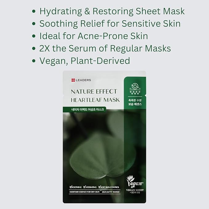 LEADERS Nature Effect Heartleaf Mask - Hydrating & Restoring Face Mask for Dry, Acne-Prone, Sensitive Skin | Soothing, Balancing, & Soft Skin Control Serum Content, Vegan Certified - 10 Sheets - Bloomnest