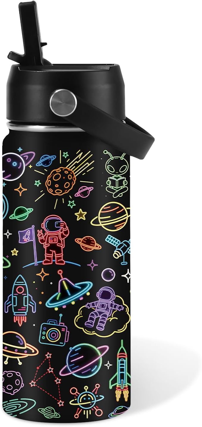 Space Gifts for Kids - 16oz Insulated Water Bottle with Straw Lid, Stainless Steel Leakproof Tumbler, Leak Proof, BPA-Free, for Boys Daily Use, Travel - Space Lovers Children Birthday Gift Cup (1pc) - Bloomnest