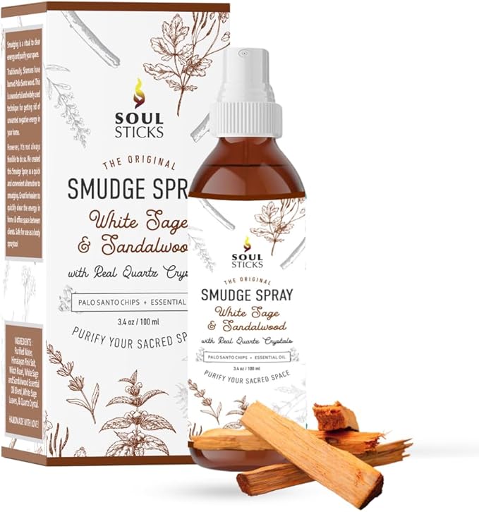 SOUL STICKS White Sage & Sandalwood Smudge Spray For Cleansing and Negative Energy | 3.5oz White Sage Smudge Spray with Real Quartz Crystals | Car Fragrance Sage Room Spray for Spiritual Cleansing SoulSticks