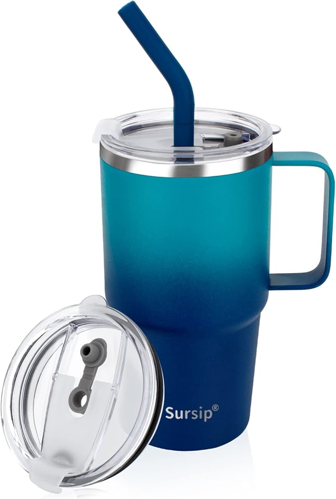 Sursip 24 oz Tumbler with Handle and Straw Lid, Double Wall Vacuum Stainless Steel Insulated Coffee Cup with 2 Lids, For Cold/Hot Drinks, Leak Proof, BPA-Free, Dishwasher Safe(Navy-1 Pack) - Bloomnest