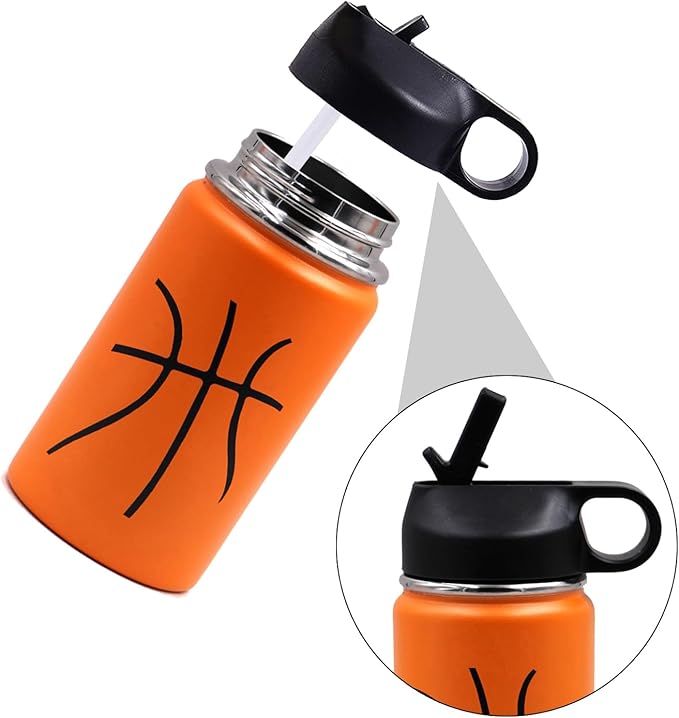 12 oz Basketball Water Bottle, Sports Flask Metal Travel Tumbler with 2 Lids, Stainless Steel Double Wall Vacuum Insulated Thermo Water Bottles, Basketball Accessories Stuff Gifts for Mom Boys Girls - Bloomnest