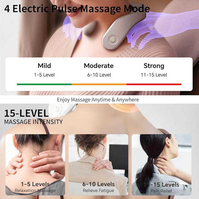 Neck Massager with Heat - Deep Tissue Pain Relief, Promote Muscle Relaxation, 3 Heat Settings, 4 Modes &15 intensities, Ergonomic Design, Gifts for Men Women
