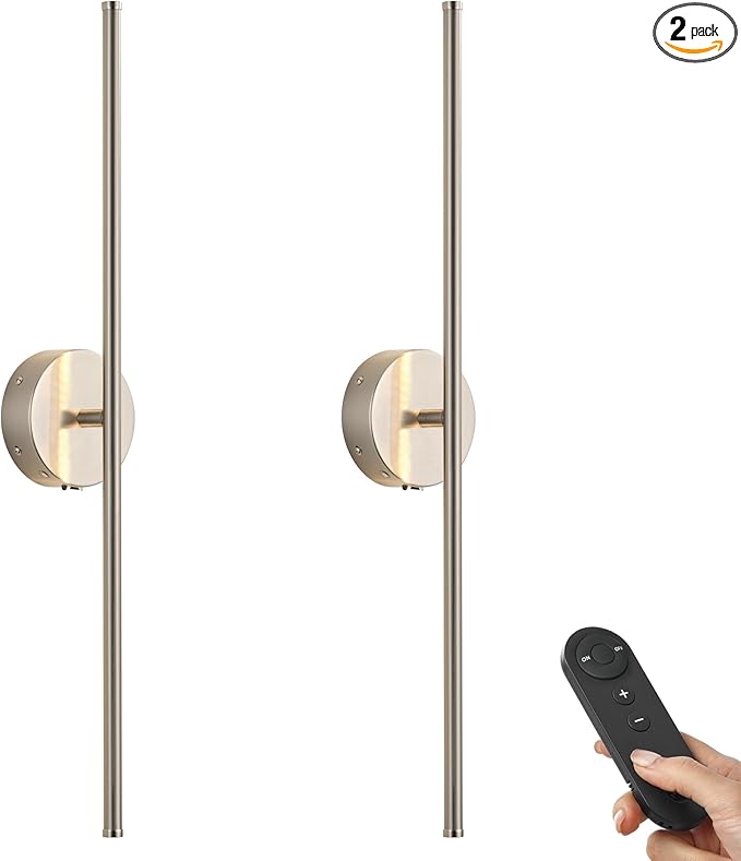 Battery Operated Wall Sconces with Remote Control, Dimmable Wall Sconces Set of Two, 350°Rotate, 3000K LED Nickel Wireless Wall Light for Living Room,Bedroom, Hallway, 28.3 Inch (2 Pack) - Bloomnest