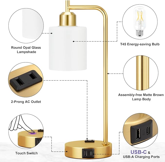 Innqoo Industrial Gold Table Lamps for Bedrooms Set of 2-3-Way Dimmable Desk Lamp with USB C+A Ports and Outlet, Gold Lamps with Opal Glass Shade for Living Room, Desk Lamps for Home Office - Bloomnest