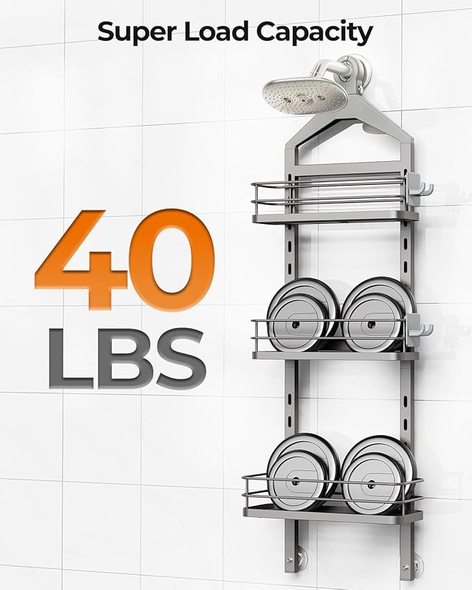 ODesign 3 Tier Height-Adjustable Shower Caddy Hanging Anti-Swing-Over The Shower Head Caddy-Showe r Storage Organizer Bathroom Shelves Basket Caddies-Grey - Bloomnest