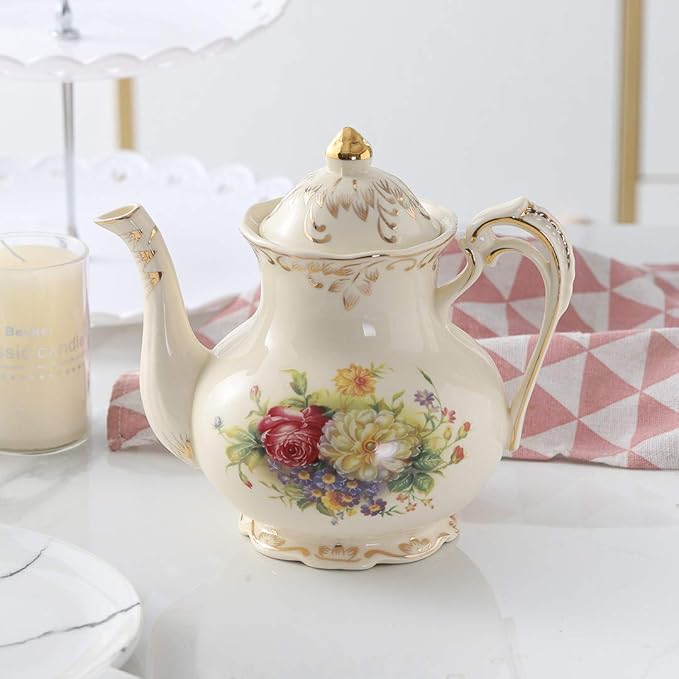 YOLIFE Flowering Shrubs Teapot, 25 oz/ 3 Cup Vintage Ivory Ceramic Tea Pot, Ivory Floral Teapot with Gold Trim - Bloomnest