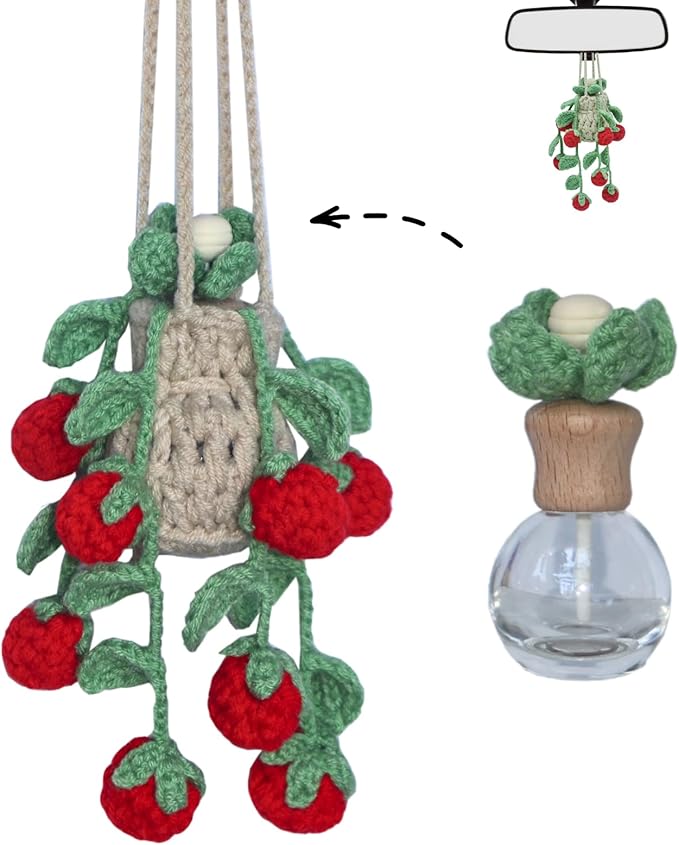 Handmade Crochet Hanging Car Air Freshener - Sweet Cherry Charm with 12ml Refillable Glass Essential Oil Bottle, Cute Car Accessories for Women & Bedroom Floral Decor - Bloomnest
