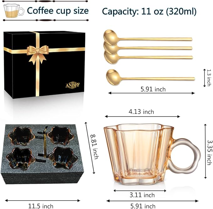 Vintage Glass Coffee Mugs Set of 4, 11oz Creative Flower Glass Coffee Cups with Spoons - Cute Tea Cups with Handle, Art Glassware, Unique Birthday Gifts - Bloomnest