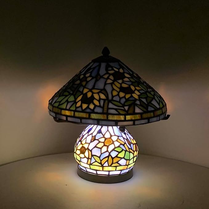Bieye L10907 Tiffany Style Stained Glass Mushroom-Shaped Double Lit Table Lamp for Home Decor (10-inch, Yellow Sunflower)