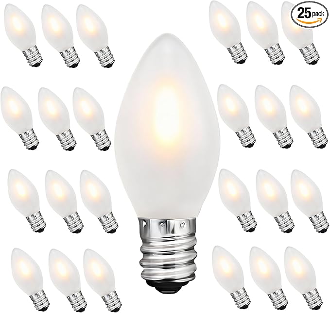 C7 LED Frosted Christmas Light Bulb,25 Pack 0.6W C7 LED Replacement Lights Bulbs with E12 Base,Frosted White 2700K Shatterproof Vintage Bulbs for Chandeliers Candle Christmas String Lights - Bloomnest