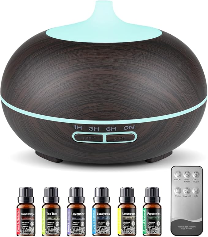 550ml Large Capacity Essential Oil Diffuser with 6 Essential Oil Set, Aromatherapy Ultrasonic Air Humidifier with Timer Setting, 7 Color LED Night Light and Waterless Auto-Off Functions for Home, Spa - Bloomnest