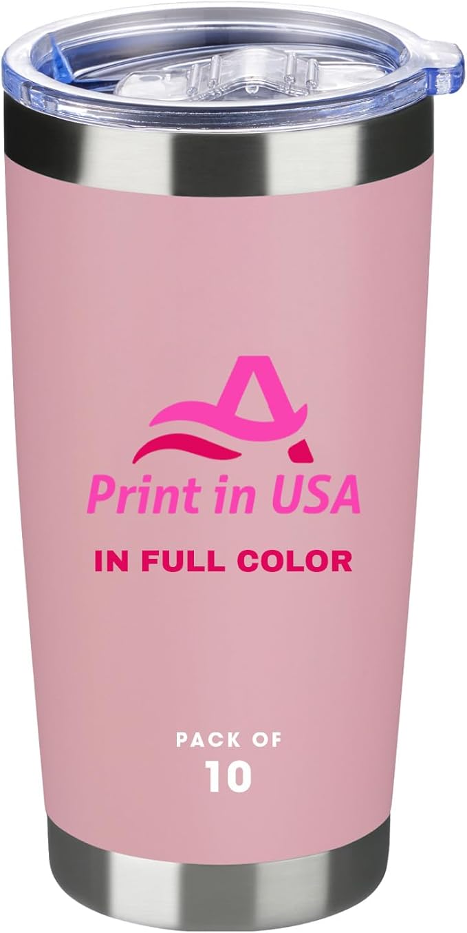 Personalized Custom Print in USA Tumbler 10Pcs 20oz Stainless Steel Double Wall Coffee Cup with Lid & Straw Insulated Tumbler with Colorful Text Logo Photo