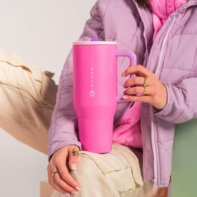 HydroJug Traveler - 40 oz Water Bottle with Handle & Flip Straw - Fits in Cup Holder, Leak Resistant Tumbler-Reusable Insulated Stainless Steel & Rubber Base - Gifts for Women & Men, Pink Sugar - Bloomnest