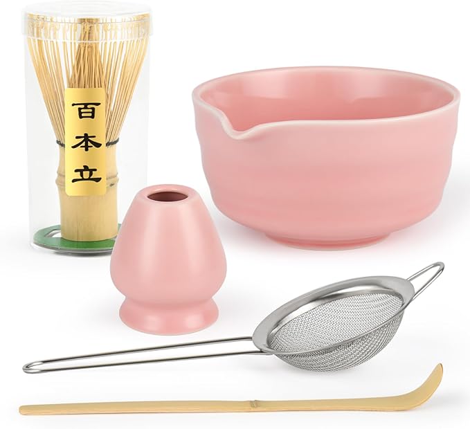 Pink Matcha Whisk Set - Ceramic Matcha Making Kit with Bamboo Whisk, Scoop, Bowl, Ceramic Holder & Sifter –5 PCS Handcrafted Elegant Japanese Tea Ceremony Tools Gift for Matcha Lovers - Bloomnest
