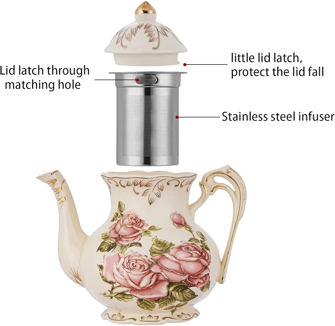 YOLIFE Teapot, Vintage Ivory Ceamic Tea Pot with Infuser, Floral Teapot Pink Rose with Gold Trim - 25oz /3 Cups - Bloomnest