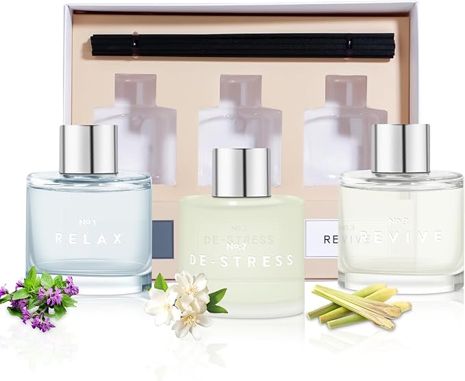 3 Pack Fragrance Reed Diffuser, 50ML Patchouli Jasmine Lemongrass Aromatherapy Diffuser Set with 12 Black Fiber Sticks,Air Freshener for Bedroom Bathroom Office - Bloomnest