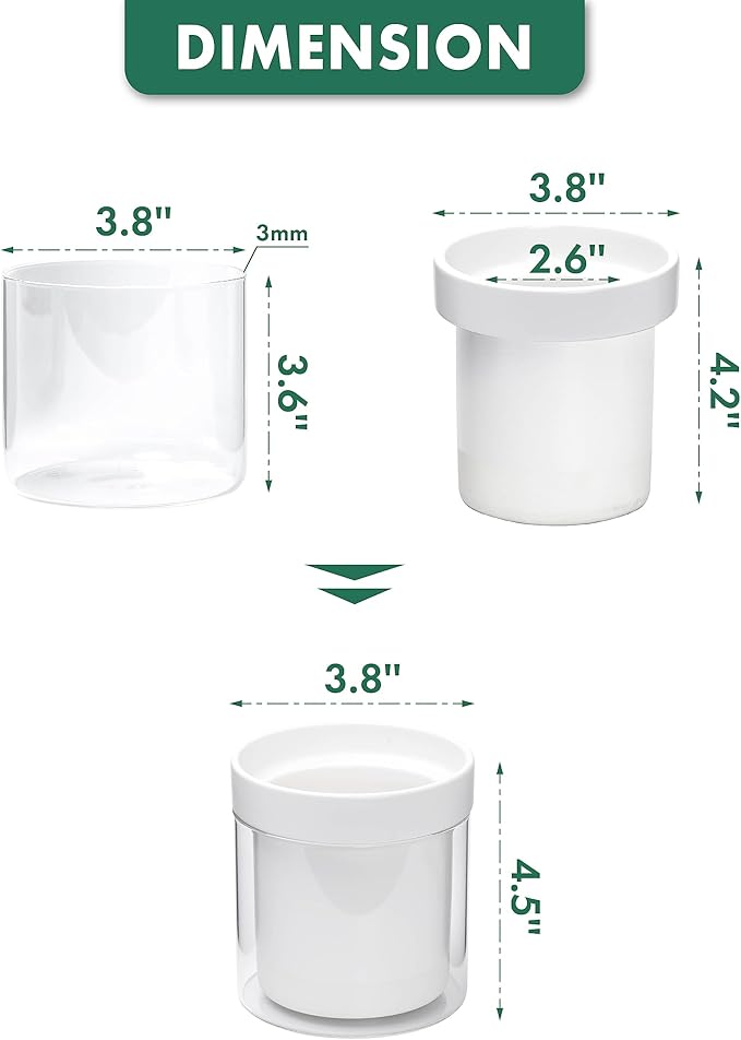 Phoenix Vine 4 Inch Self Watering Planter, White Terracotta Clay Pot with Glass Reservoir for Indoor Plants, Herbs, Flowers, Set of 1, 52-B-E-1 - Bloomnest