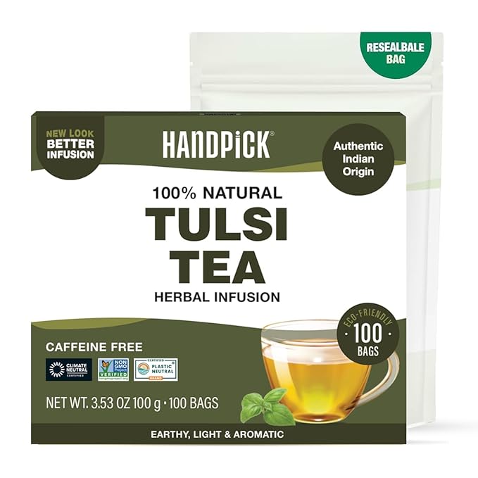 HANDPICK Original Tulsi Tea (100 count) Holy Basil Calming and Stress Relief Tea, Immune Support | Non-GMO, Caffeine-Free Herbal Tea | Ecofriendly Round Tea Bags - Bloomnest