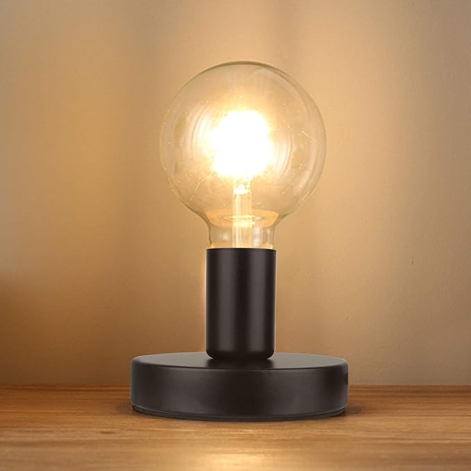 Helunsi Industrial Table Lamp Base, E26 E27 Lamp Base Without Shade, Mini Short Desk Lamp Exposed Bulb Base, Simple Metal Edison Light Bulb Stand, with 5.8ft Cord Switch Plug Bulb Base Holder (Black) - Bloomnest